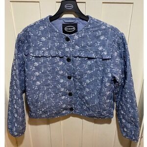 Scoop Women Blue Floral Eyelet Quilted Puff Sleeve Ruffle Jacket Medium NWT